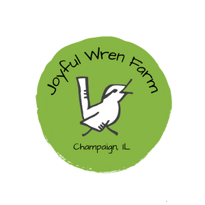 Joyful Wren Logo - A hand-drawn wren in a circle with the text Joyful Wren Farm, Champaign, IL