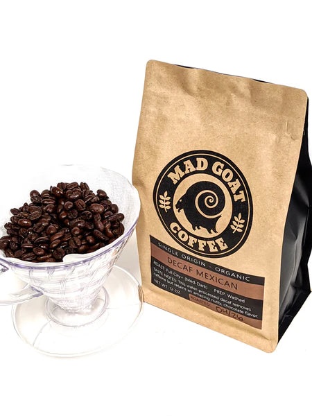 picture of decaf bag and coffee beans